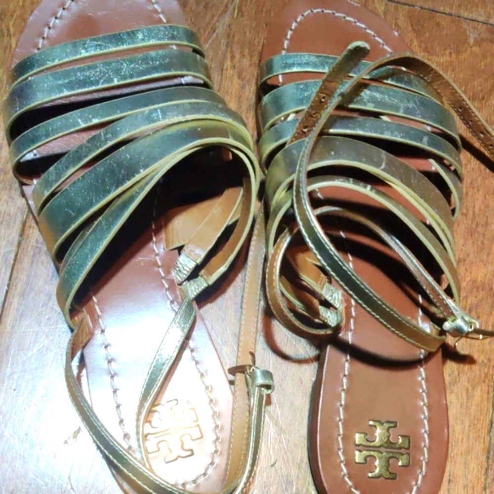 Tory Burch Gold and Tan Leather Sandals Size 9M - Picture 3 of 8